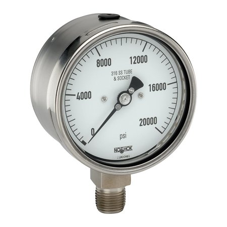 Noshok Pressure Gauge, 4" 304SS Case, 316SS Internals, 30/30 psi/bar, 1/2 NPT Male Back Conn, Glycerin Filled 40-510-30/30-psi/bar